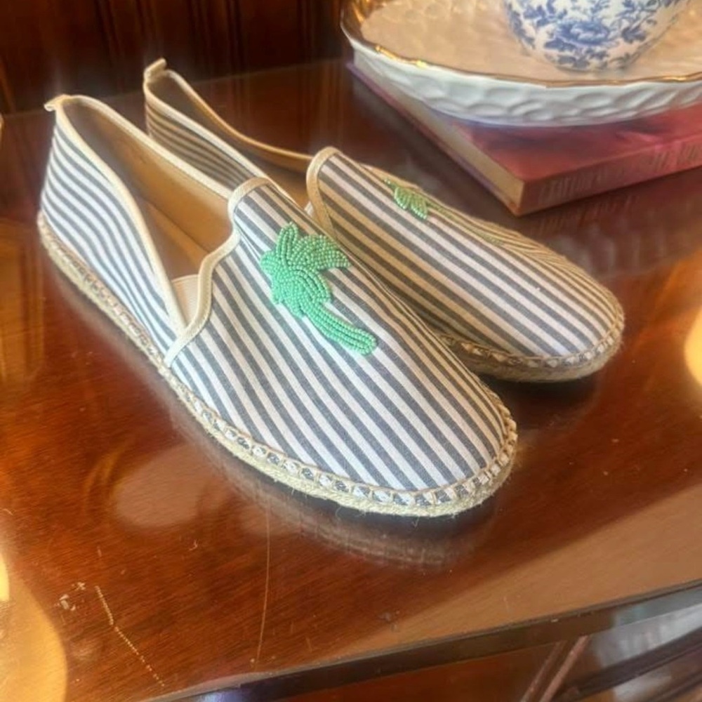 Talbots Striped Espadrille Slip-Ons with Green Palm Embroidery
